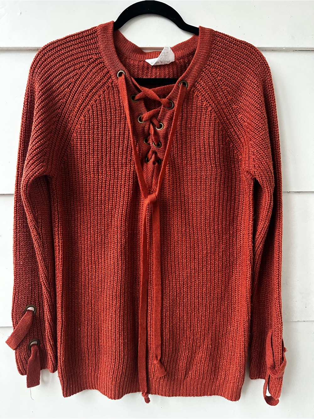 Lace-Up V-Neck Knit Sweater in Burnt Orange